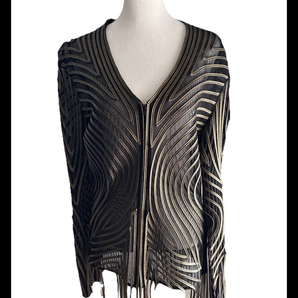IKA Couture 90’sVINTAGE Gold Metallic Blk Mesh Zip Fringe Jacket Rare NWT Sz 12 - Picture 2 of 10